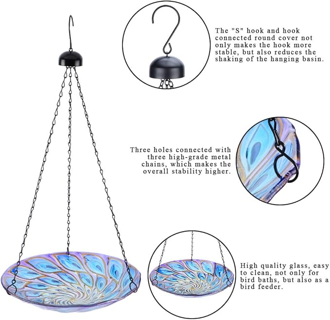 VCUTEKA Hanging Bird Baths Outdoor Glass Peacock Birdbath Birdfeeder for Garden Yard Decoration