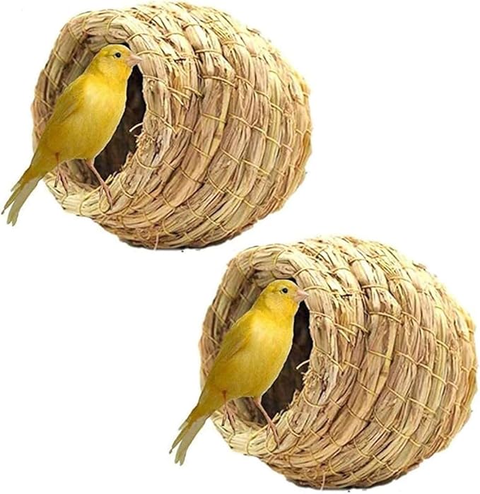 Hamiledyi Bird Nest Grass Bird Hut Outdoor Hanging Birdhouse Canary Nest Chickadee House Wren Nest Fiber Roosting Pocket for Parakeet Parrot Cockatiel Finch