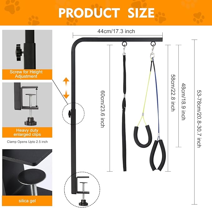 Dog Grooming Arm, 29" Height Adjustable Pet Grooming Arm with Clamp for Small and Medium Dogs,Grooming Loop and No Sit Haunch Holder