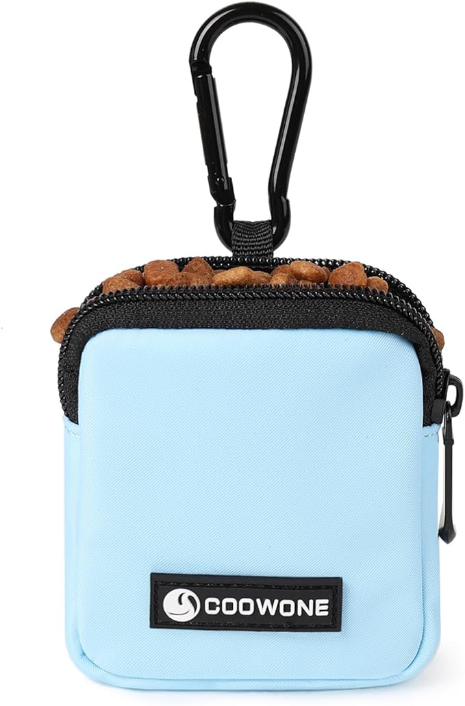COOWONE Dog Treat Pouch Pocket Sized Pet Puppy Training Pouch for Dog Training Behavior Aids, Waterproof Nylon Fabric Dog Poop Bag Holder, Hands Free Dog Walking Bag with Metal Carabiner (Blue)