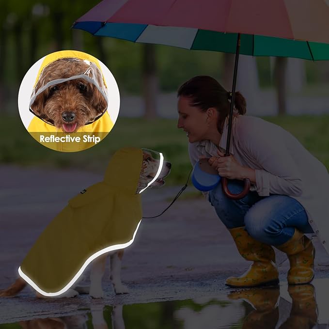 SlowTon Dog Raincoat, Adjustable Dog Rain Jacket Clear Hooded Double Layer, Waterproof Poncho with Reflective Strip Straps and Storage Pocket for Small Medium Large Dogs(XS)