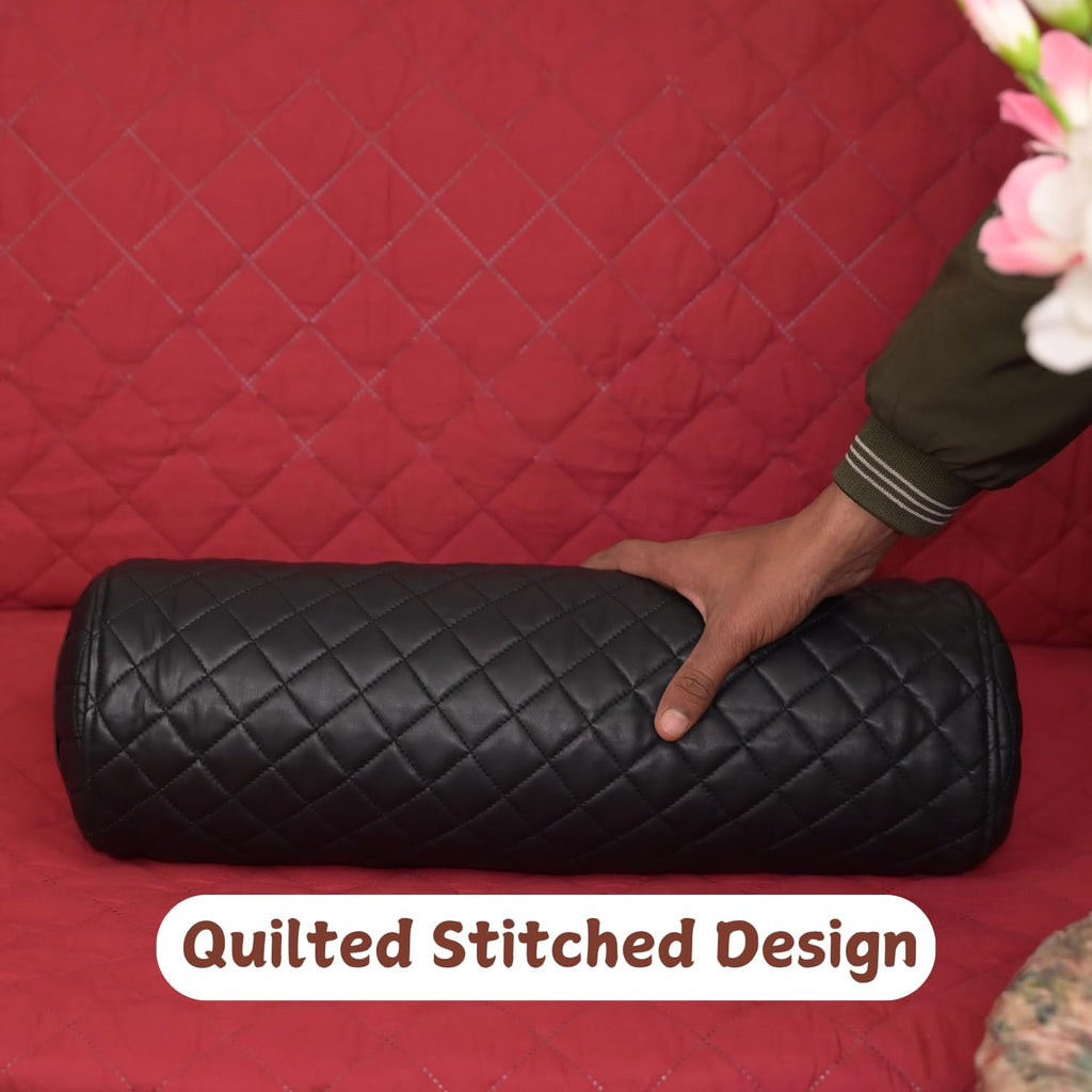 Neck Roll Pillow Cushion Cover, 14x7 Inch Full Moon Round Bolster Pillow Case, Cylinder Soft Lambskin Leather Pillowcase for Head, Spine & Neck Support During Sleep - Quilted Black Pack of 1