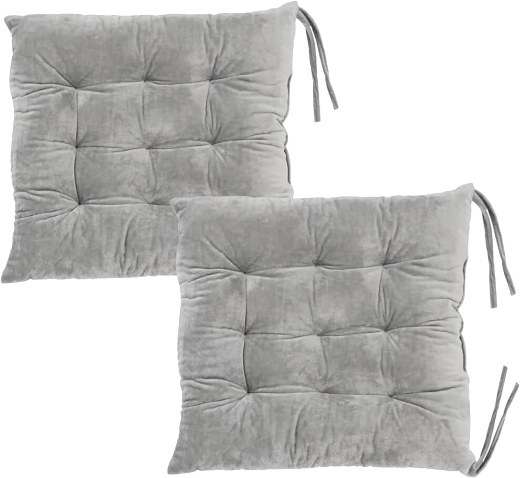 2 Pack Square Seat Cushion Chair Pads for Kitchen Dining Chairs, Soft Comfort Velvet Chair Mat Pillow Cushions with Ties for Office Desk Living Room Tatami 15.5", Gray
