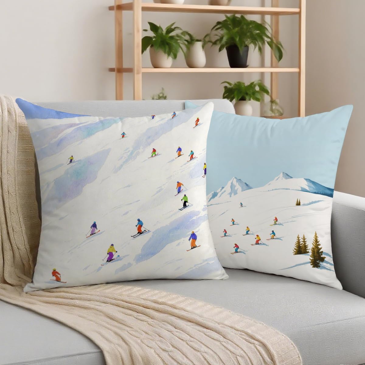 2 Pcs Mountain Ski Lift Throw Pillow Cushion Covers, White Winter Time Snow Landscape Resort Decorative Square Accent Pillow Case, Gifts for Women Friend Sister Coworker Birthday Christmas