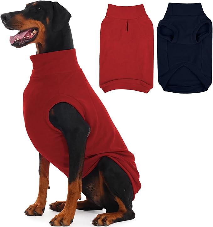 IECOii 2 Pack 4XL Dog Fleece Sweaters for Doberman Boy Girl, Warm & Stretchy Winter Coats with Leash Hole for Large Dogs, Soft Fleece Jacket for Fall Winter, Machine Washable (Size XXXXL, Blue & Red)