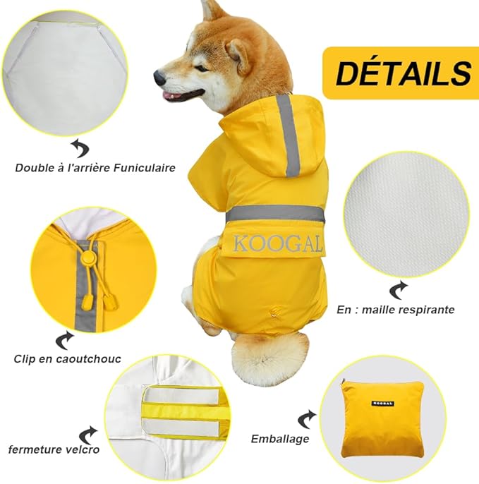 Hooded Rain Coat for Dogs for Small Sized Dogs, Dog Raincoat Apparel Poncho Waterproof Dog Clothes Pet Jacket Dog Raincoats Jacket (2XL,Yellow)