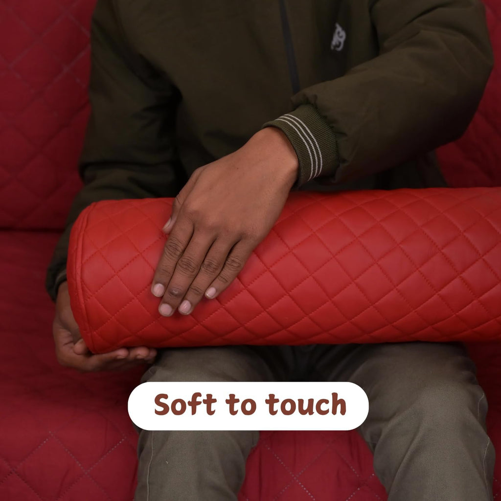 Neck Roll Pillow Cushion Cover, 16x6 Inch Full Moon Round Bolster Pillow Case, Cylinder Soft Lambskin Leather Pillowcase for Head, Spine & Neck Support During Sleep - Quilted Cherry Red Pack of 2