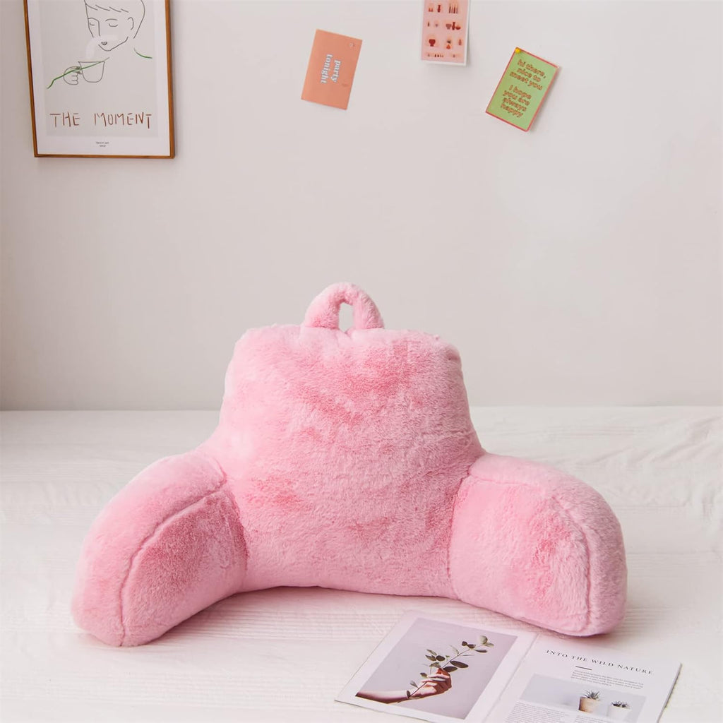 A Nice Night Faux Fur Reading Pillow Bed Wedge Large Adult Backrest with Arms Back Support for Resting in Bed/Couch for Bedrest,BabyPink