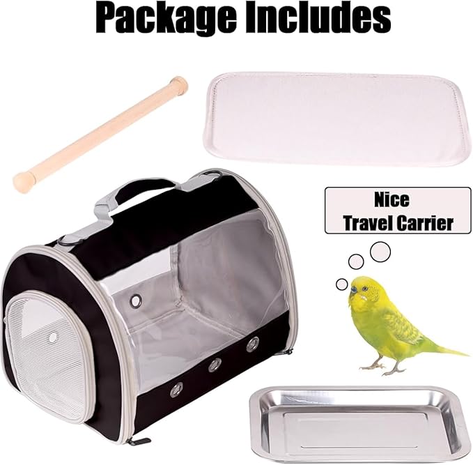 Bird Carrier, Portable Small Bird Parrot Parakeet Carrier with Standing Perch and Stainless Steel Tray, Side Access Window Collapsible (Black, Cylinder Design - Clear)