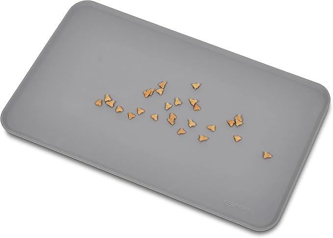 Amazon Basics Waterproof Anti-Slip Silicone Cat & Dog Food Mat, Pet Mats with Raised Edges for Food and Water Bowl to Protect Floors, 18.5 x 11.5 Inches, Gray, Solid - Pack of 2