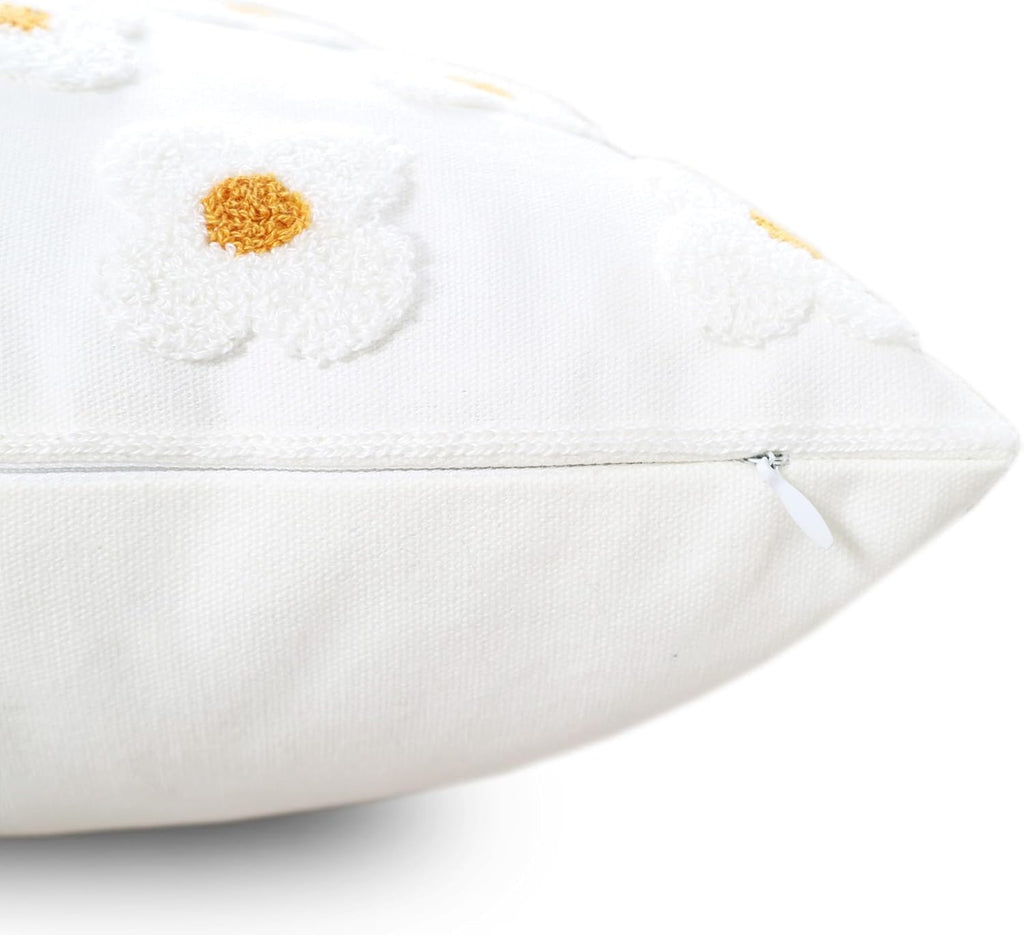 DECOBIRD Embroidery Throw Pillow Cover 20x20 Beige Floral Design Home Decor Loop Embroidered Pillow Case Thick Cotton Canvas Square Cushion Cover for Couch 50x50cm, 4 Petal Flowers 1 Piece