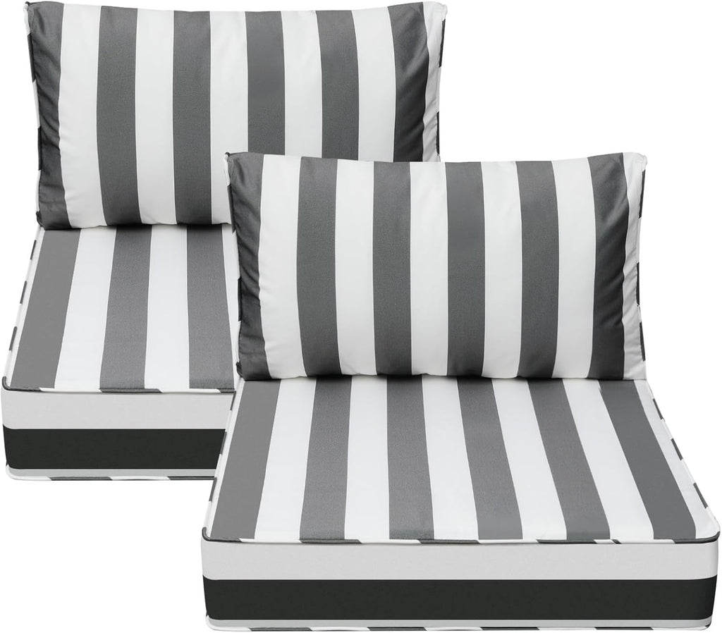 AAAAAcessories Outdoor Deep Seat Cushions, Waterproof, Fade-Resistant Patio Furniture Replacement Cushions, 25.5" x 25.5" x 5" + 25.5" x 13.5", Set of 2, Gray Cabana Stripe