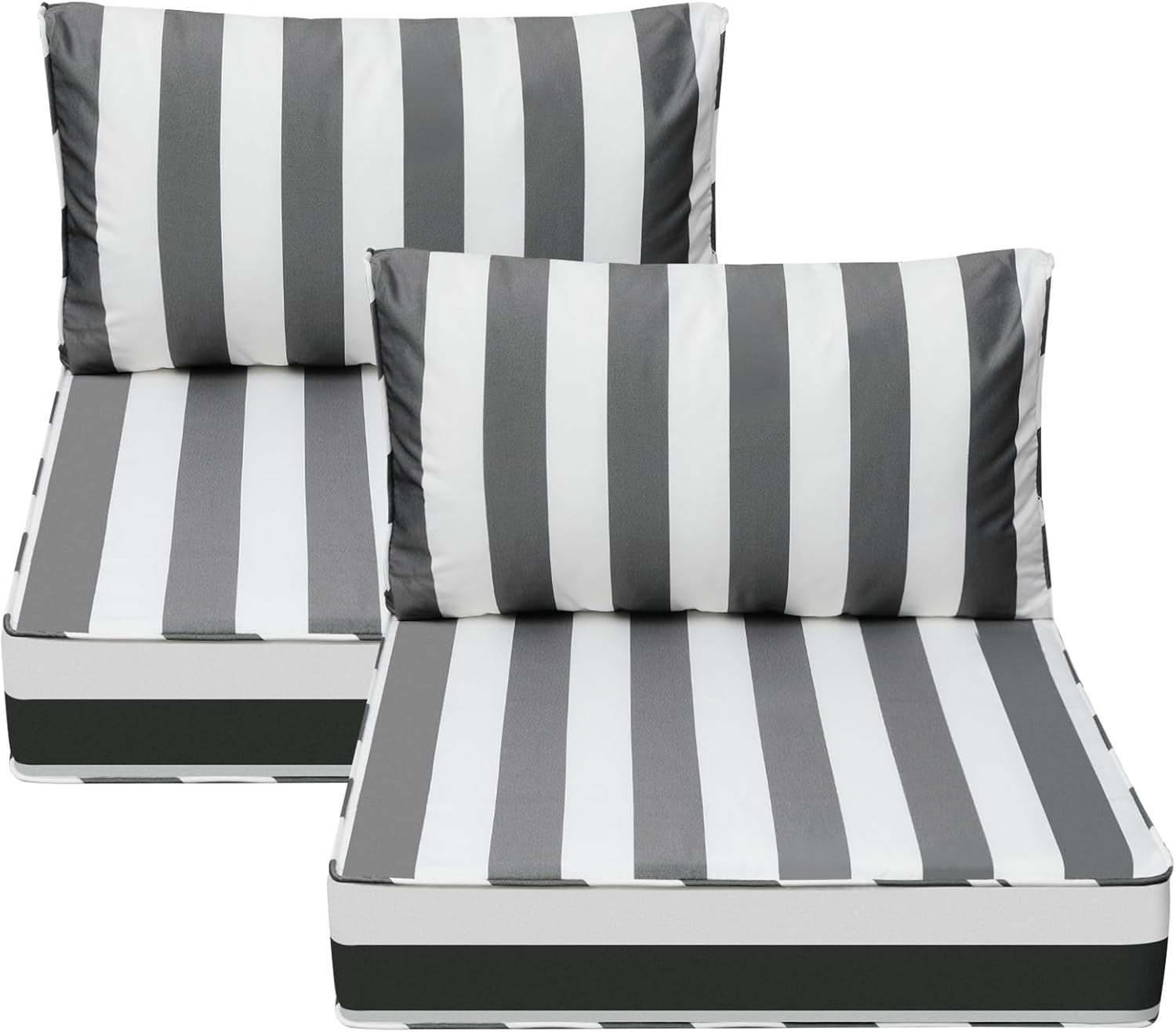 AAAAAcessories Outdoor Deep Seat Cushions, Waterproof, Fade-Resistant Patio Furniture Replacement Cushions, 25.5" x 25.5" x 5" + 25.5" x 13.5", Set of 2, Gray Cabana Stripe