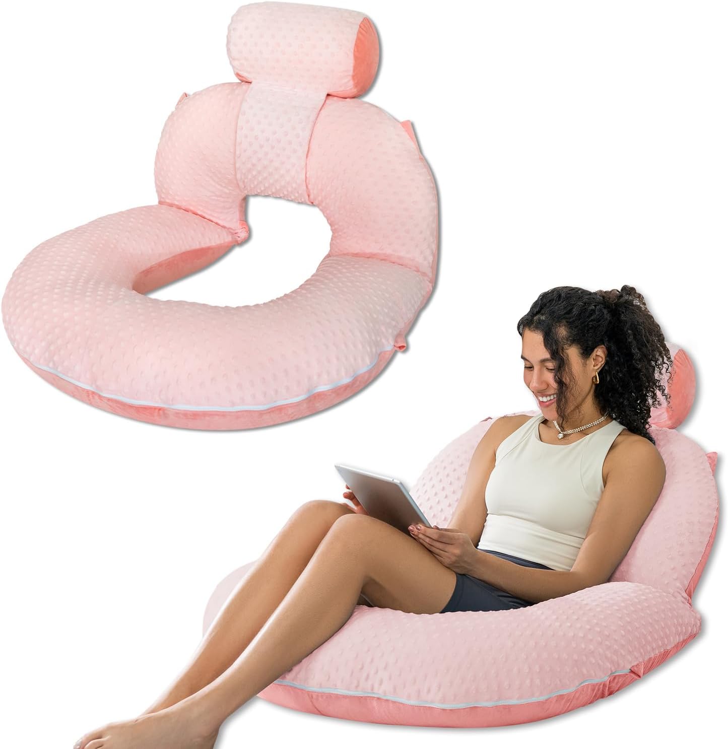 INSEN Reading Pillow, Back Pillow for Sitting in Bed and Couch, Gaming Pillow for Adults, Sit Up Support for Bed (Upgrade-Dot Velvet-Pink, Upgraded)