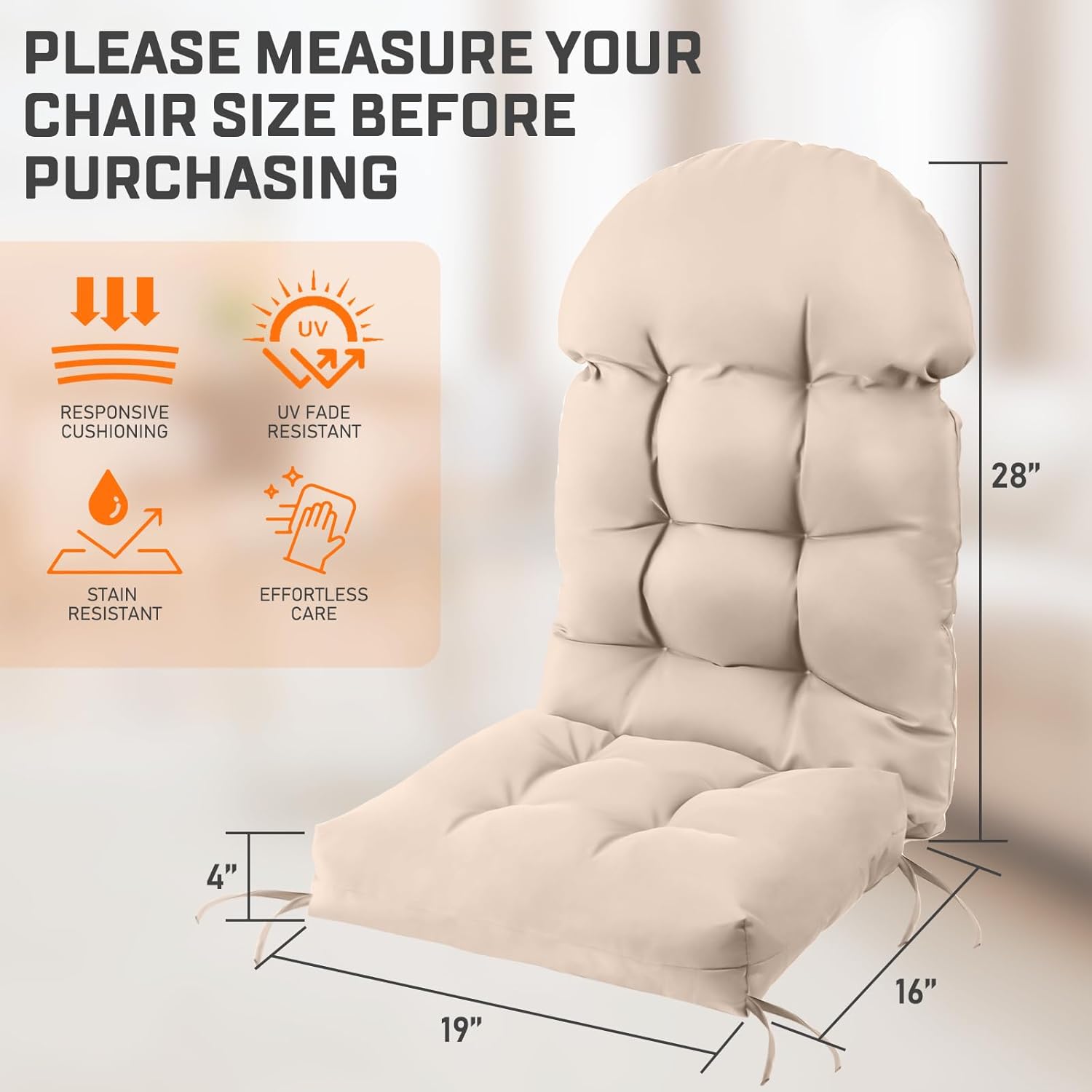 FUNBERRY Adirondack Chair Cushion, Thicken Comfy Cushions for Rocker Non Slip Fade Shield Waterproof High Back with Ties