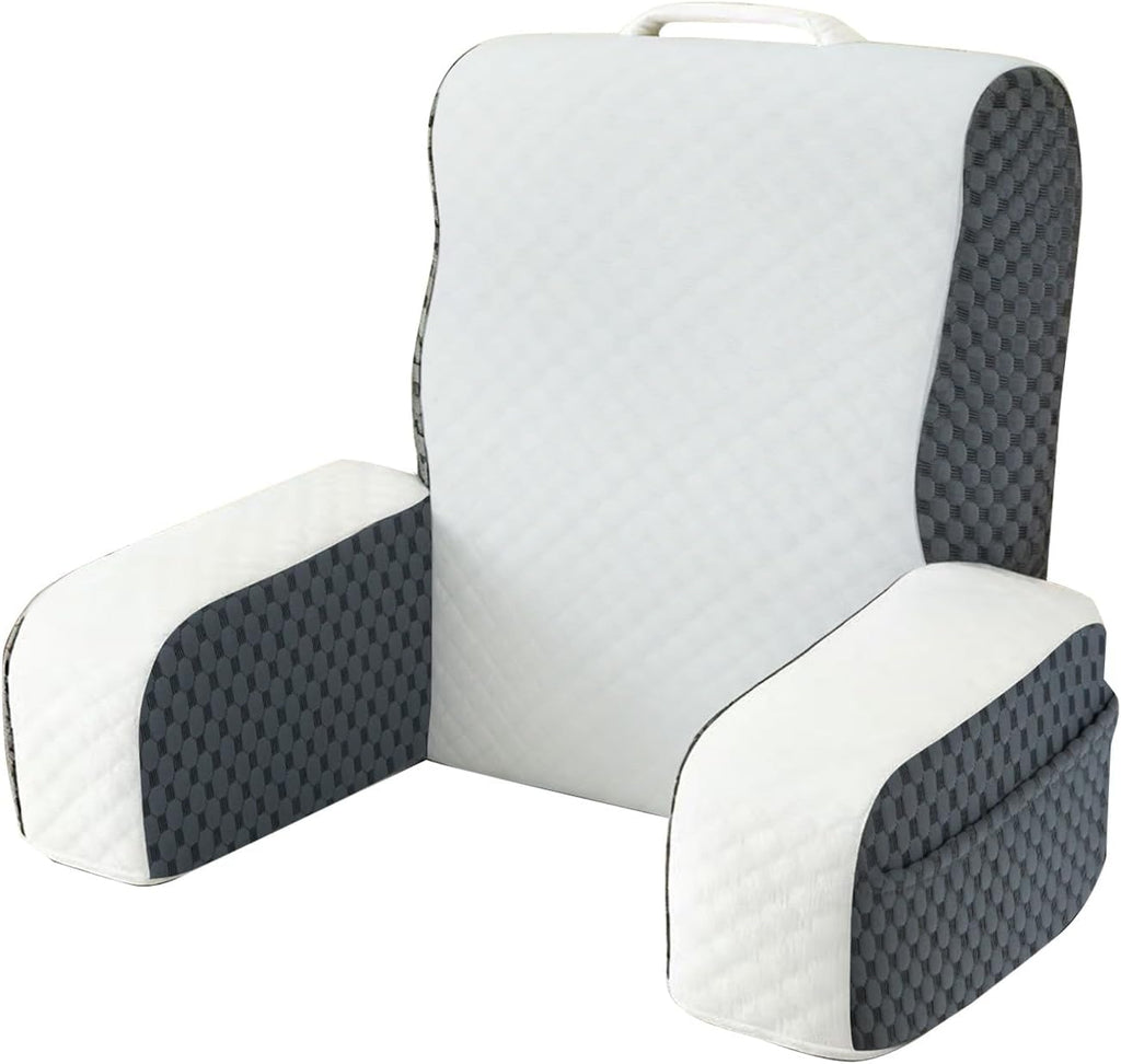 Bed Reading Pillow Back Support with Arms, Removable Pillowcase for Book Working Gaming Resting Watching TV, White Gray/20in