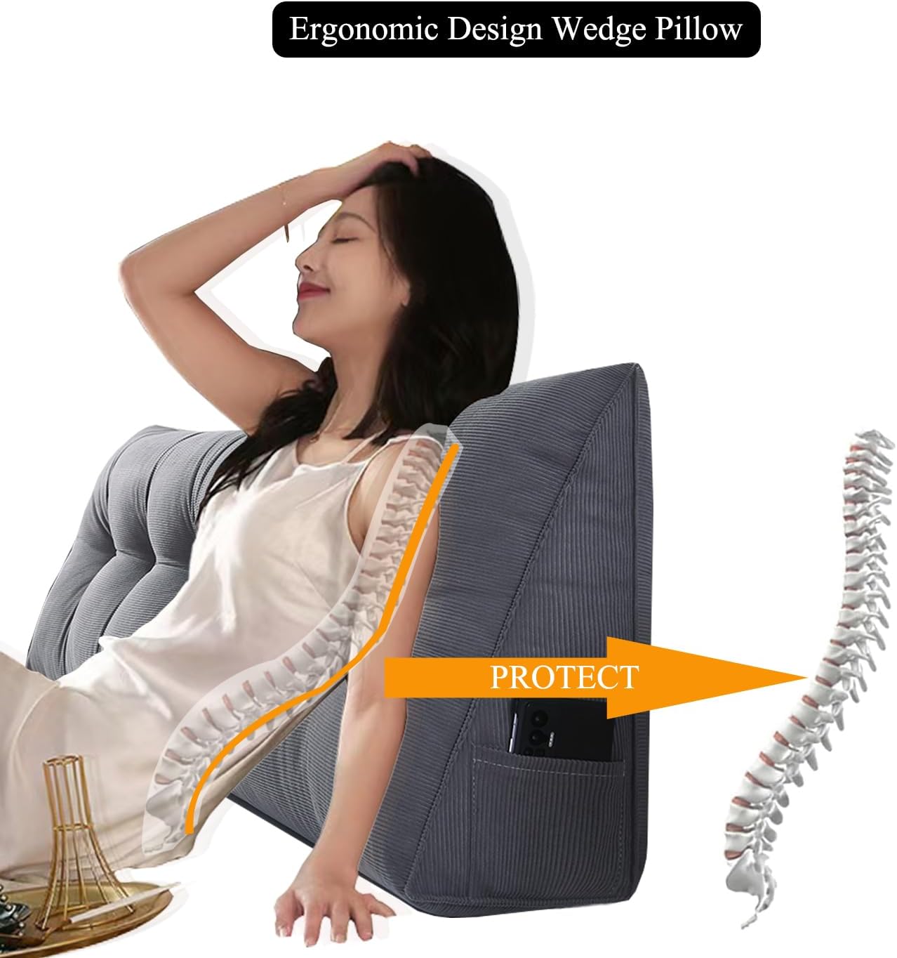 Husband headboard Pillow Large Back Rest Support Reading Pillows for Sitting in Bed for Adults Triangle Velvet Wedge Pillow headboard Full Size, Grey