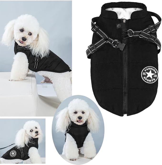 Aiboria Dog Coat for Winter Waterproof Dogs Jackets Windproof Fleece Small Dog Vest Harness Winter Padded Pet Black L