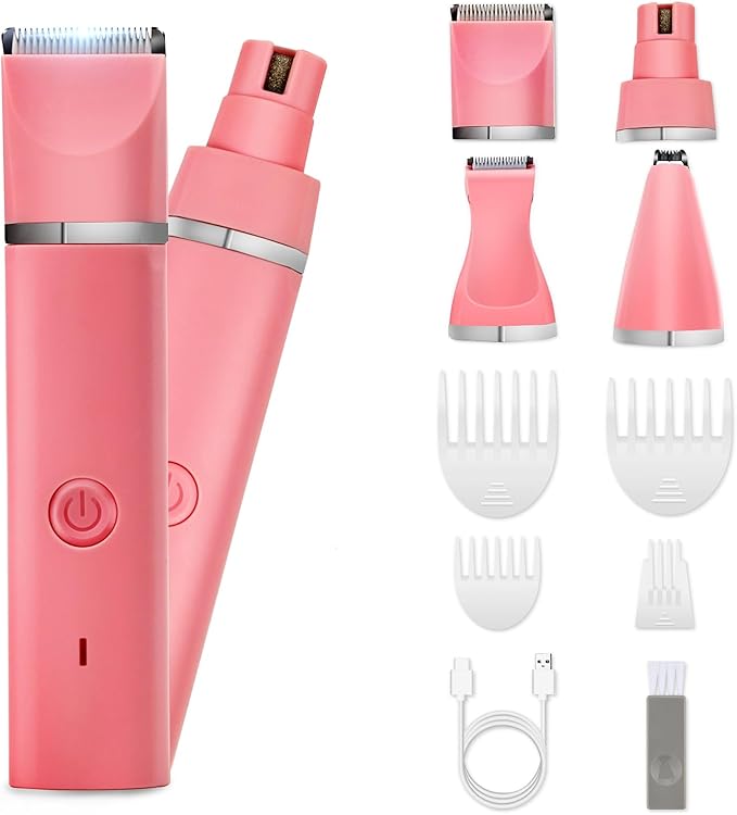 Dog Grooming Clippers Kit-Electric Rechargeable Cat Trimmer Tools-Cordless Quiet Pet Nail Paw Grinder-4 in 1 Multifunctional Low Noise Shaver-Razor for feet Face Ears Toenail Eye（Pink）