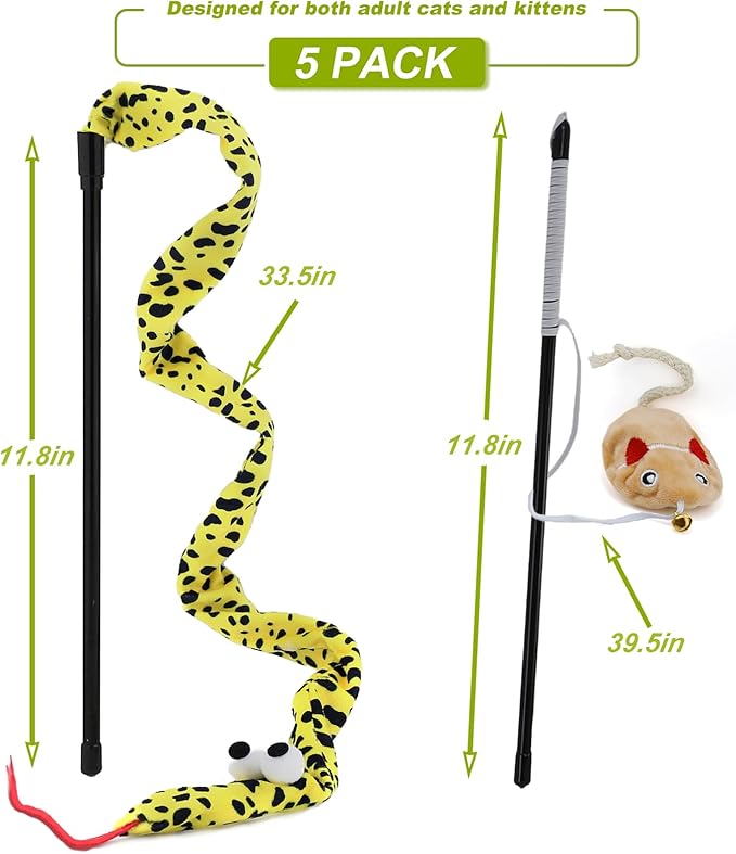 Interactive Cat Toy Wand with Catnip Mouse, Cat Teaser Wand Rainbow String for Bored Indoor Adult Cats and Kittens (5 Pack)