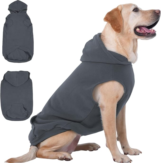IECOii XXL Dog Hoodie for Large Dogs, Fleece Dog Sweatshirt for Large Breed Male Female Dogs,Pet Pouch Hoodie Winter Sweater Coat with Leash Hole, Warm & Lightweight Outfit for Pitbull, Grey, 2XL