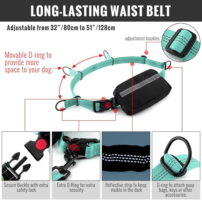 Plutus Pet Hands Free Dual Handle Retractable Bungee Leash with Reflective Stitches, Adjustable Waist Leash for Dog Walking Running Jogging, Medium Large Dogs