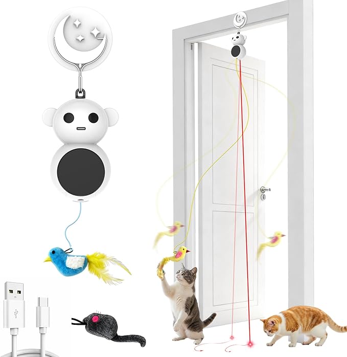Interactive Cat Toys for Indoor Cats - 2 in 1 Automatic Laser Pointer Cat Toy with Flying Bird，Smart Moving Wand Toy with 2 Modes, Auto On/Off Hanging Safe Toys for Bored Kitten & Adult Cats