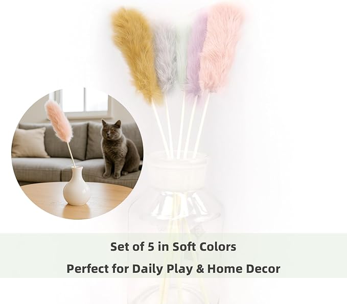 Rabbit Fur Cat Toys – 5PCS Interactive Cat Wand Toys for Indoor Cats, Soft Teaser Sticks for Play & Exercise, Natural Fur Cat's Teaser Set, 15" Long