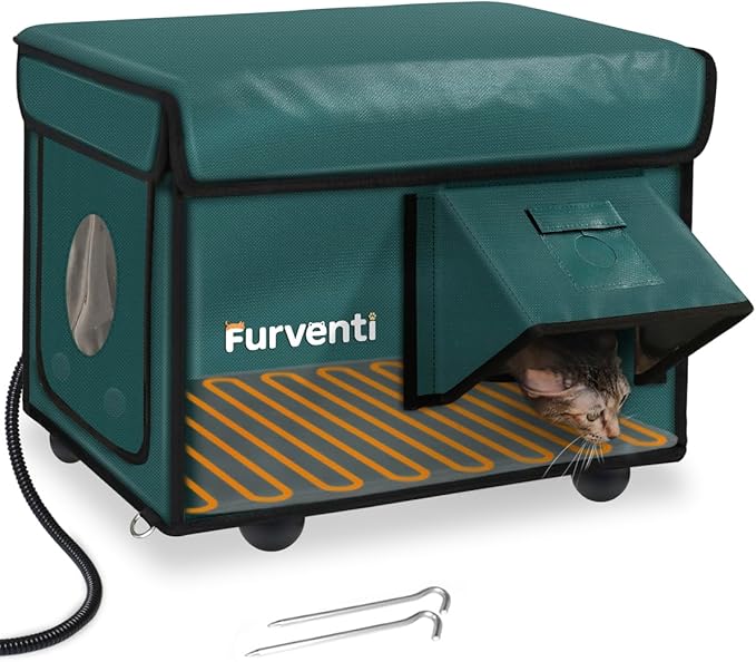 Outdoor Heated Cat House in Winter,Extremely Insulated & Weatherproof,Feral Cat Shelter with Waterproof Eaves & Escape Door for Outside Stray Barn Cat(Dark Green,16.9"x12.6"x13.4")