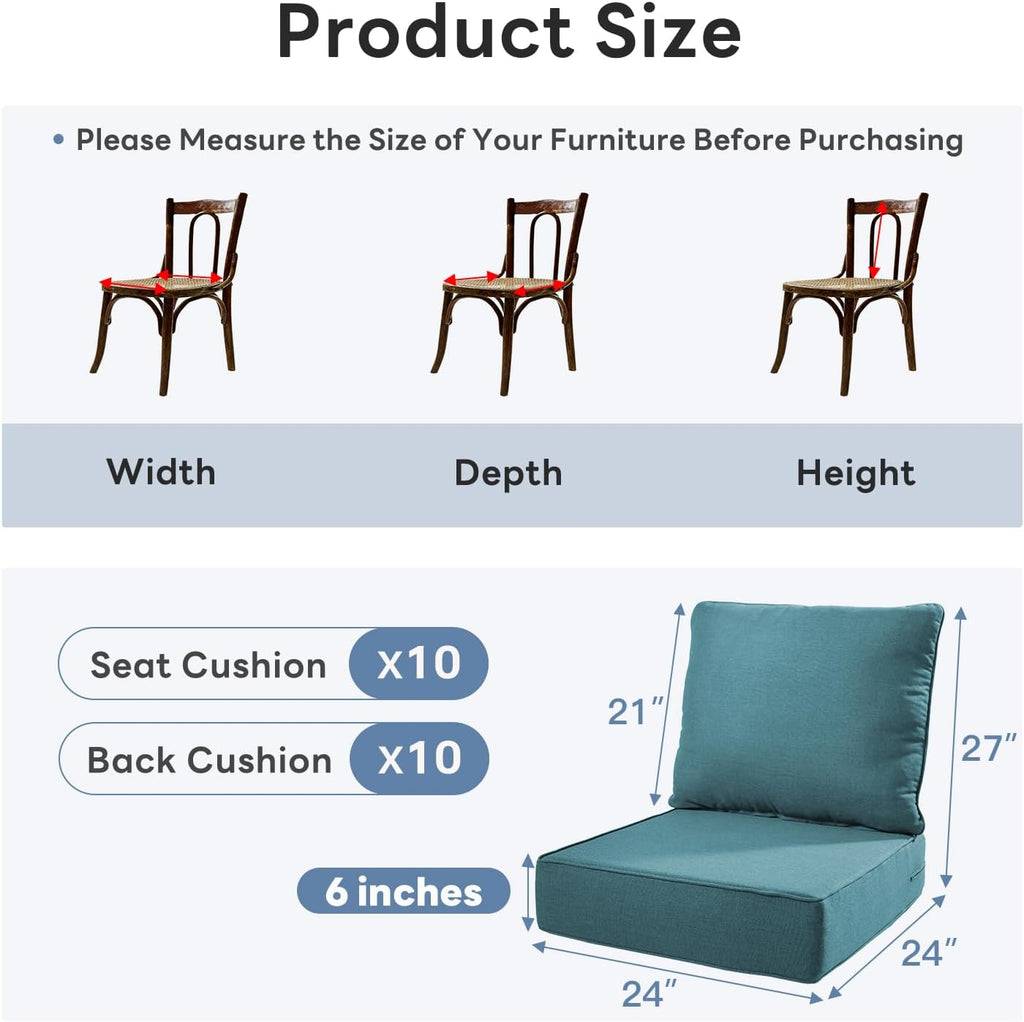 6" Thicker Outdoor Chair Cushion 10 Set - 24" *24" *6" Waterproof Patio Furniture Cushions with Removable Cover, 28D High Density Sponge Filling Thicken Outdoor Patio Cushions - Peacock Blue
