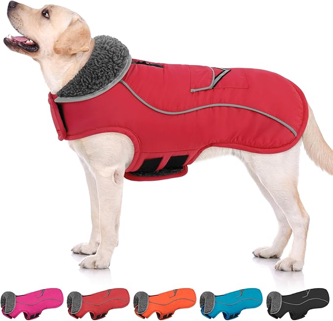 SUNFURA Dog Coat, Large Dog Jacket Reflective Winter Coat for Cold Weather, Windproof Pet Snow Jacket with Pocket, Warm Fleece Sweater Clothes for Large Dogs, Red L
