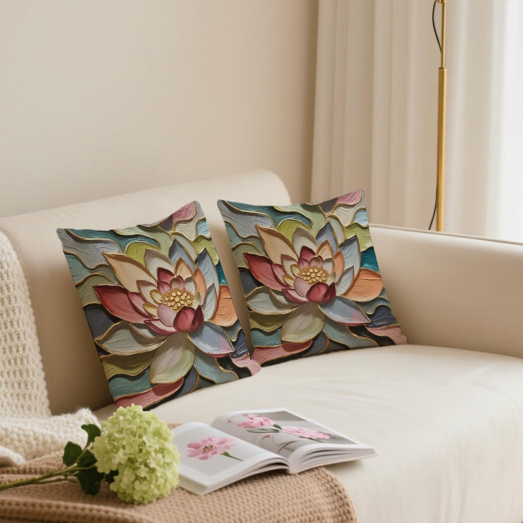 2 Pcs Oil Painting Lotus Floral Art Throw Pillow Covers, Lotus Oil Painting Art Retro Decorative Square Pillow Cases for Couch Sofa Bed Bedroom Apartment Dorm Living Room Office Home Decor