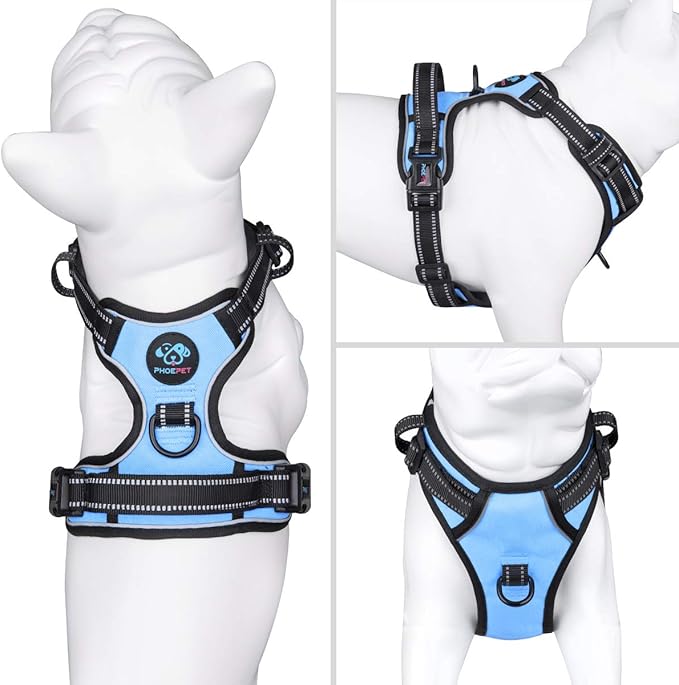 PHOEPET No Pull Dog Harness Reflective Adjustable with 2 Metal Leash Hooks and Soft Training Handle [Over The Head Design](XL, Baby Blue)