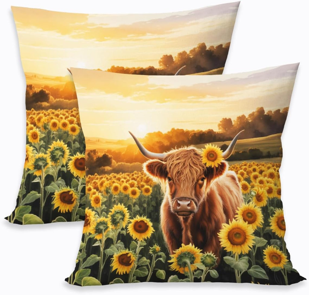 2 Pcs Highland Cow With Sunflowers Decorative Throw Pillow Covers, Spring Outdoor Pillowcase Cotton Linen Farmhouse Cushion Case for Couch Sofa Bedroom Apartment Dorm Living Room Office Home Decor