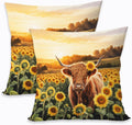 2 Pcs Highland Cow With Sunflowers Decorative Throw Pillow Covers, Spring Outdoor Pillowcase Cotton Linen Farmhouse Cushion Case for Couch Sofa Bedroom Apartment Dorm Living Room Office Home Decor