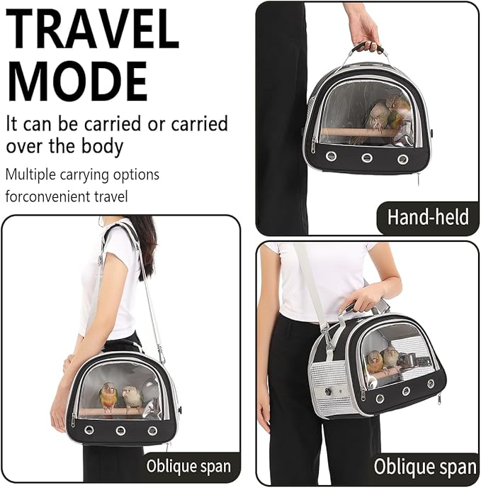 Bird Carrier,Bird Cage Parakeet Parrot Budgie Carrier Backpack for Small Birds, Travel Bird Cages with Perch, Transparent Ventilation Cockatiels, Lightweight Pet Carrier for Outdoor Use(Black)