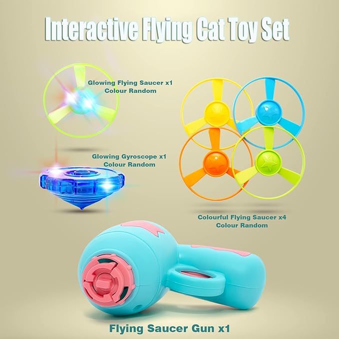 Cat Fetch Toy, Interactive Flying Cat Toy with 1 Light Up Spinning Tops, 1 LED Propellers and 4 Flying Propellers,Kitten Tracks Toy for Training Hunting Chasing(Blue)