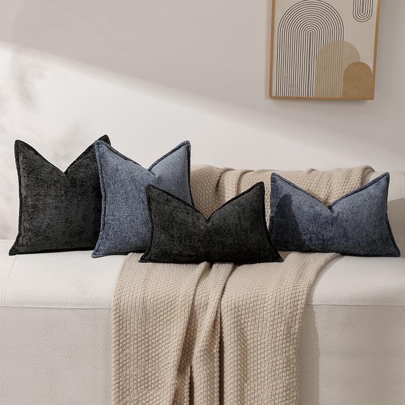 Pack of 2 Black Decorative Throw Pillow Covers 18x18 Cozy Soft Chenille Accent Vintage Square Couch Pillow Covers for Home Decor Bed Sofa Living Room