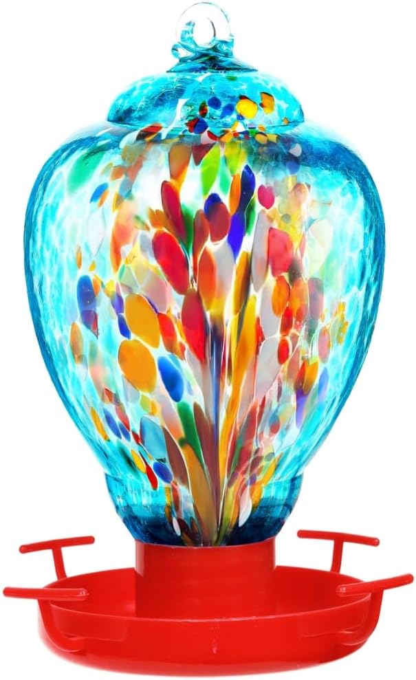 Colorful Glass Wild Bird Waterer 32 Oz Bird Water Feeder for Outdoors Garden Outside Water Cooler Tree Yard Decoration (Blue-fire)