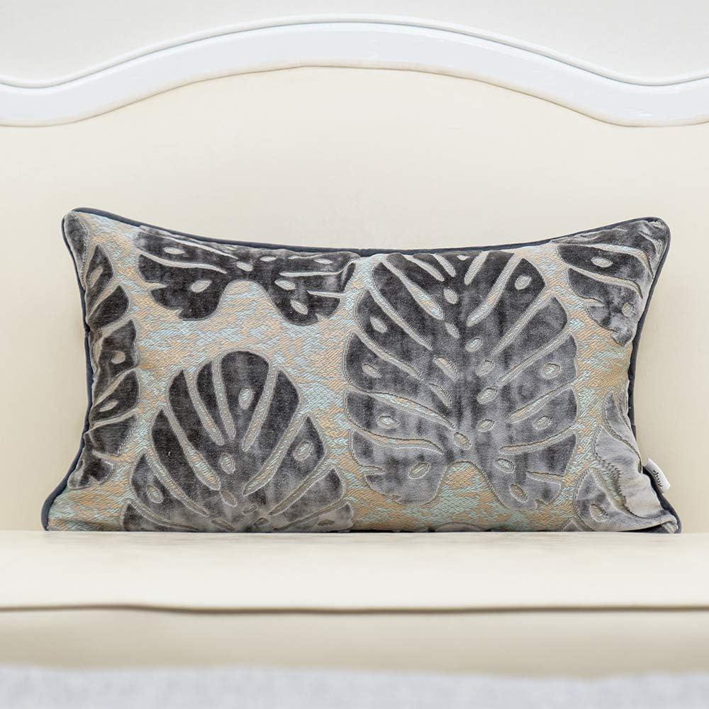 Alerfa 12 x 20 Inch Rectangle Leaf Pillow Embroidery Cut Velvet Cushion Case Luxury Modern Lumbar Throw Pillow Cover Decorative Pillow for Couch Sofa Living Room Bedroom Car, Gray Silver