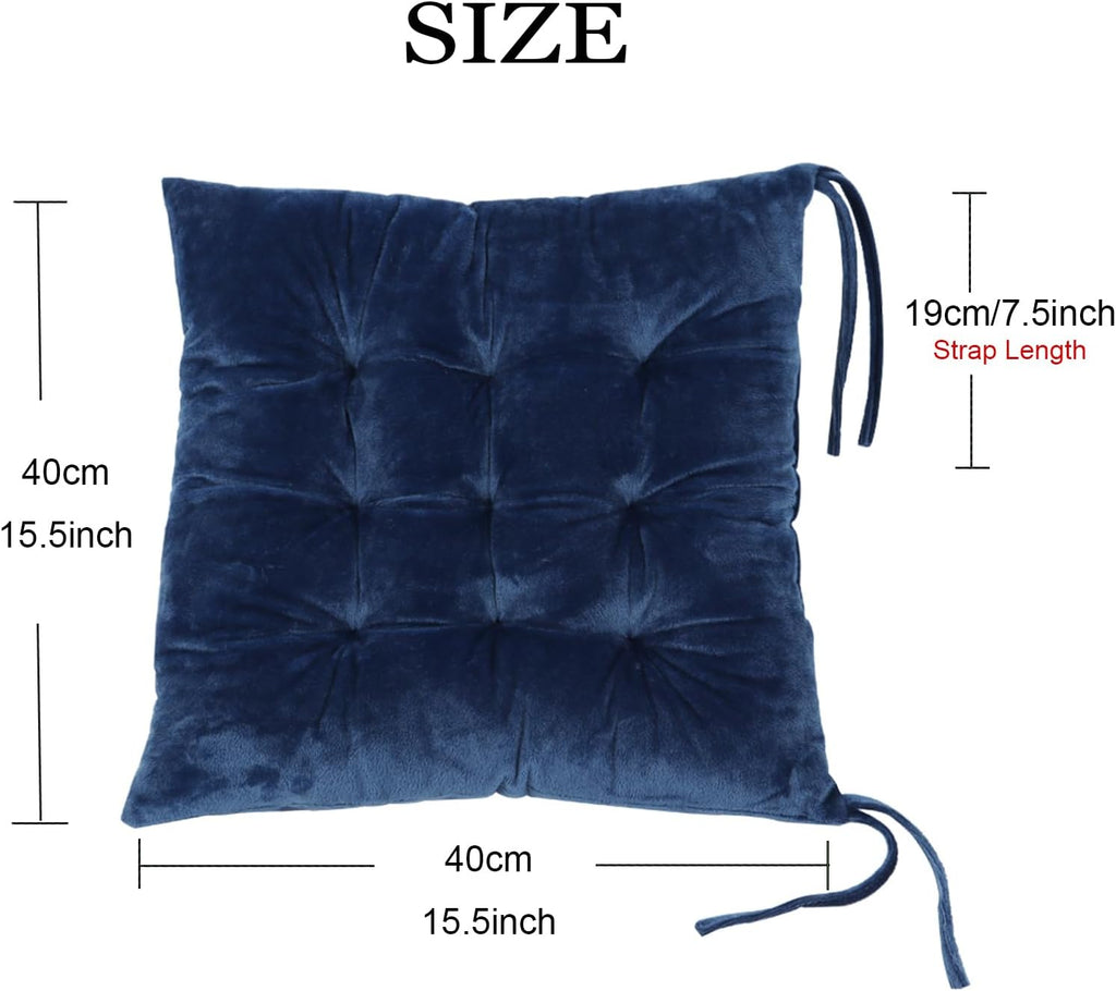 6 Pack Square Seat Cushion Chair Pads for Kitchen Dining Chairs, Soft Comfort Velvet Chair Mat Pillow Cushions with Ties for Office Desk Living Room Tatami 15.5", Blue