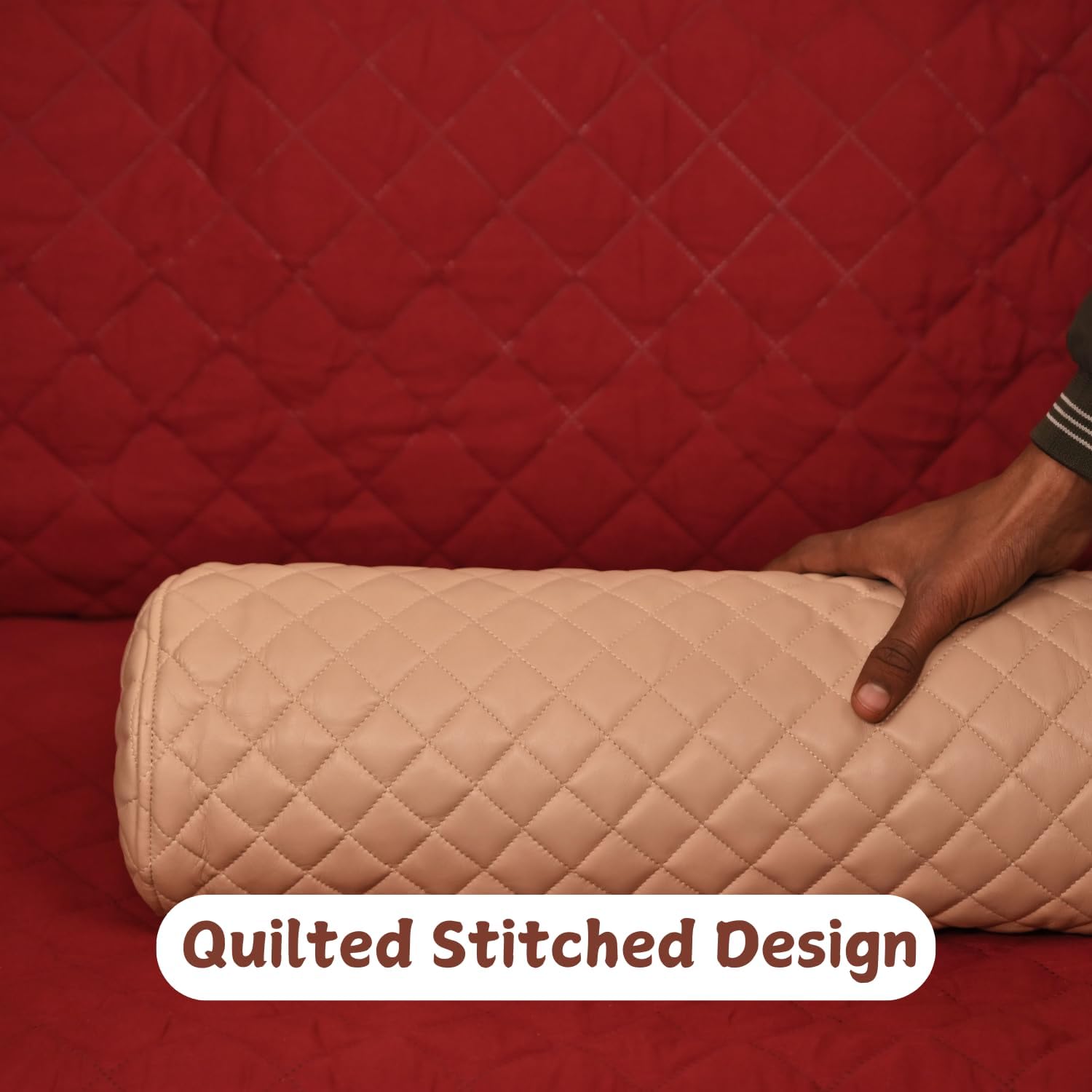 Neck Roll Pillow Cushion Cover, 20x5 Inch Full Moon Round Bolster Pillow Case, Cylinder Soft Lambskin Leather Pillowcase for Head, Spine & Neck Support During Sleep - Quilted Beige Pack of 2