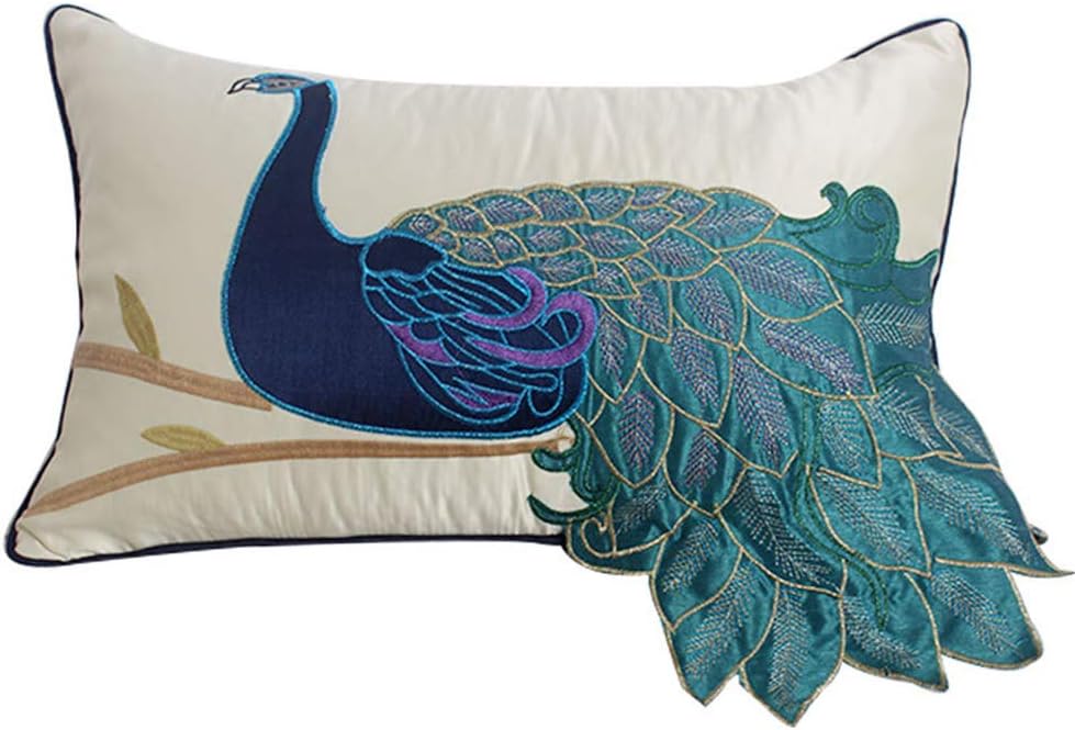 vctops Embroidered Peacock Decorative Throw Pillow Case Silky Satin Cushion Cover Peacock 3 12"X20"
