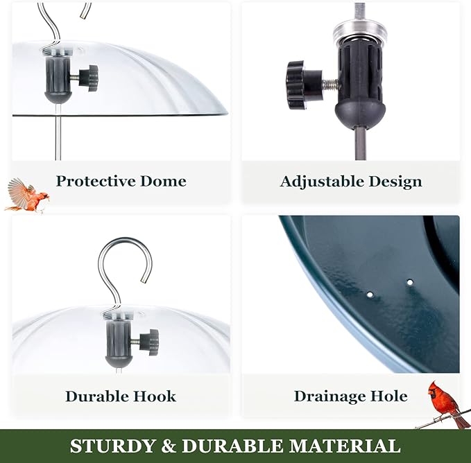 Kingsyard Adjustable Platform Bird Feeder for Outdoors Hanging, Metal Tray Bird Feeder with Dome Top, Attract Bluebirds Cardinals Goldfinches (Green)