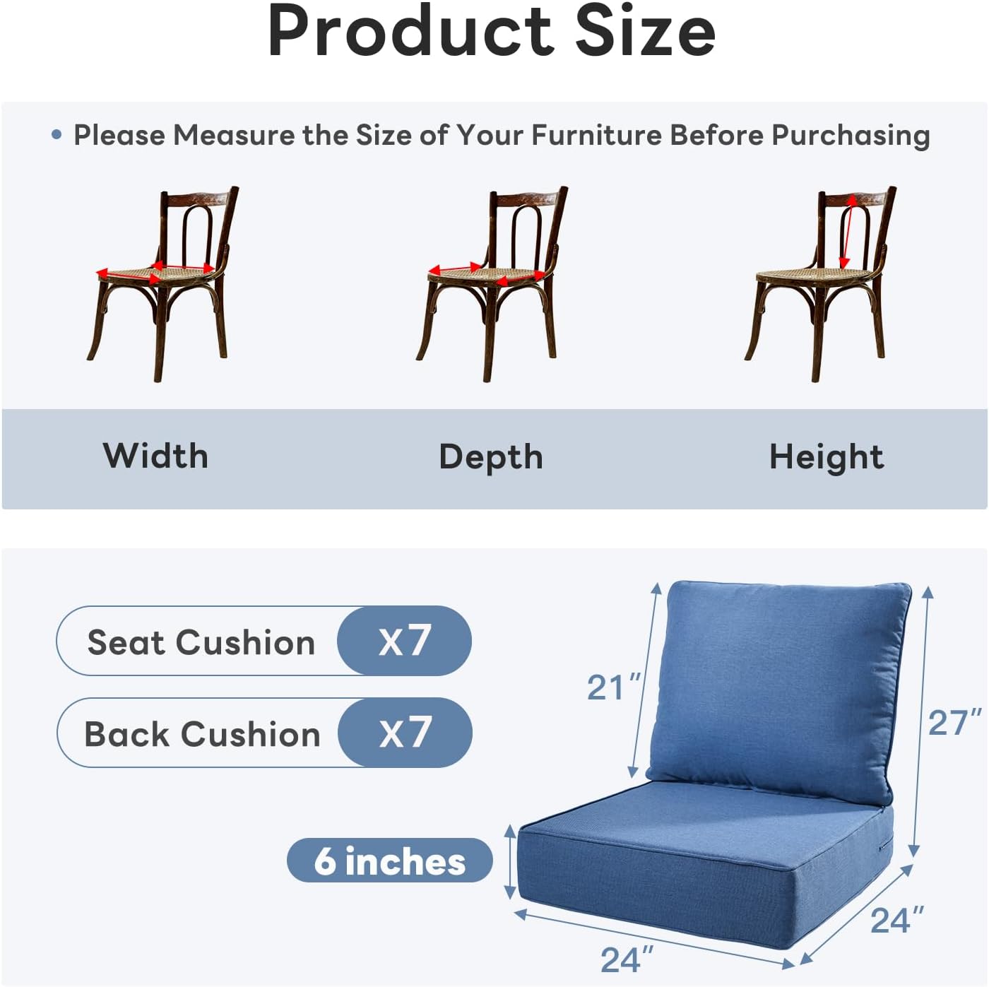 6" Thicker Outdoor Chair Cushion 7 Sets - 24" *24" *6" Waterproof Patio Furniture Cushions with Removable Cover, 28D High Density Sponge Filling Thicken Outdoor Patio Cushions - Blue