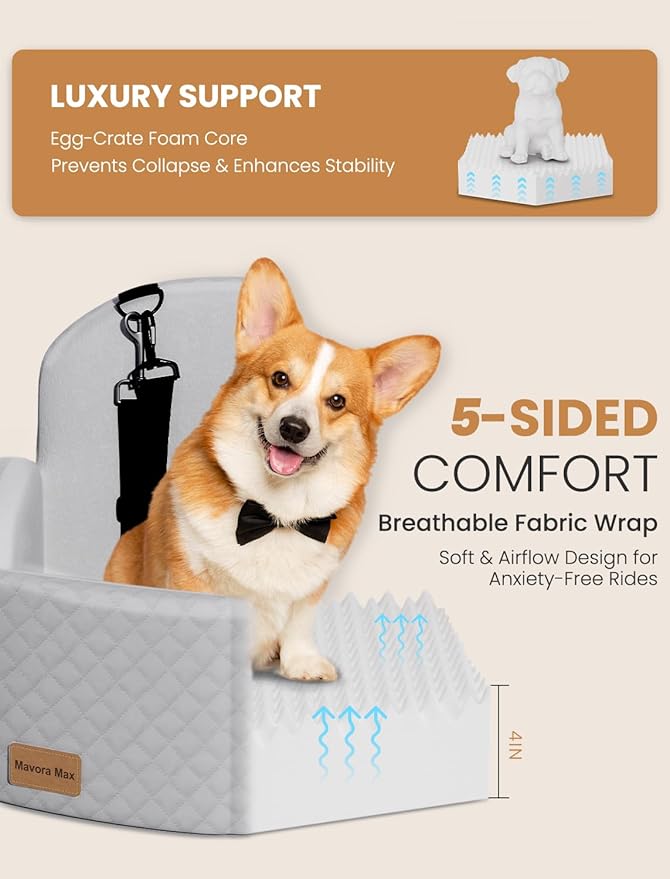 (Up to 35lbs Small/Medium Dog Car Seat Booster Dog Seat for Car Portable with Adjustable Seatbelts Pet Travel Car Bed Seat for SUV, Truck, with Memory Foam Cushion (Grey)