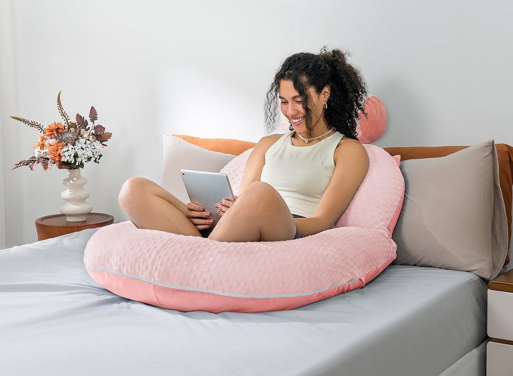 INSEN Reading Pillow, Back Pillow for Sitting in Bed and Couch, Gaming Pillow for Adults, Sit Up Support for Bed (Upgrade-Dot Velvet-Pink, Upgraded)