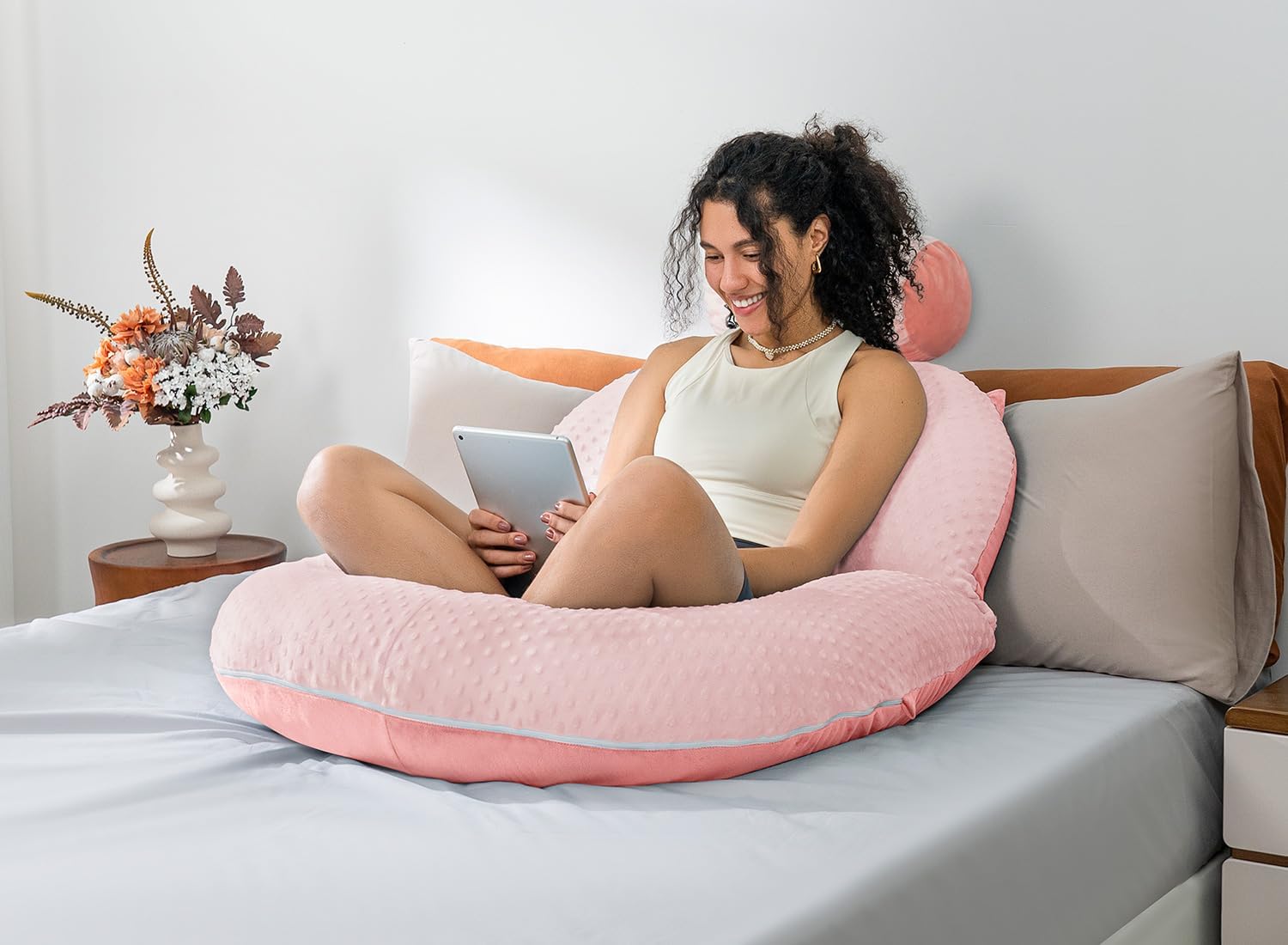 INSEN Reading Pillow, Back Pillow for Sitting in Bed and Couch, Gaming Pillow for Adults, Sit Up Support for Bed (Upgrade-Dot Velvet-Pink, Upgraded)