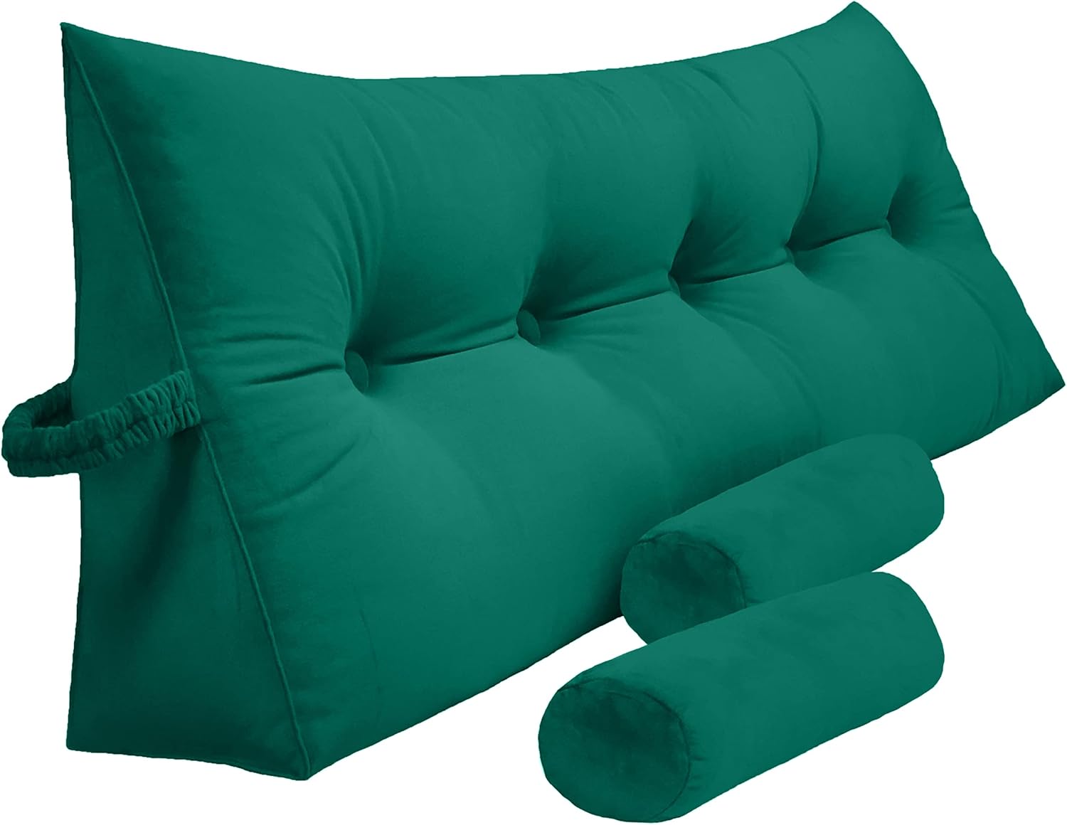 Triangular Reading Bed Rest Pillow Large Bolster Cushion Headboard Backrest Wedge Pillow with Two Detachable Roll Pillows for Neck & Lumbar Support (Green, Queen: 59 x 8 x 20 inches)
