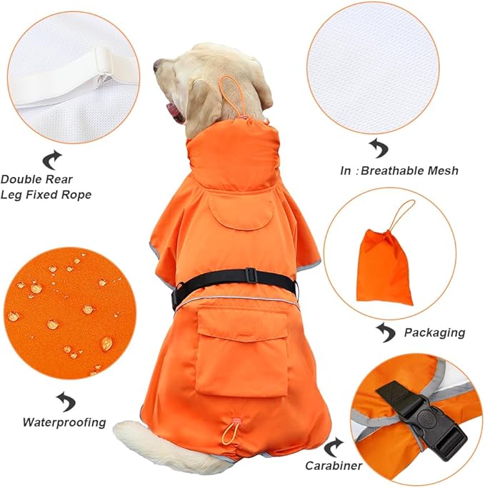 Pet Large Dog Raincoat Apparel Poncho Waterproof for Medium Large Sized for Dog Raincoat (Orange, 4XL)
